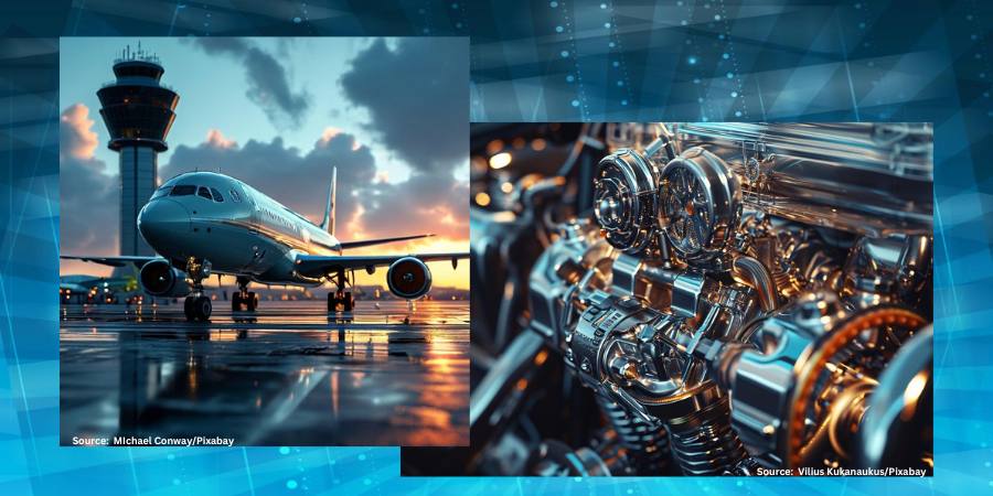 blue bg, left image of airplane on airstrip with sunset, right image of automotive engine