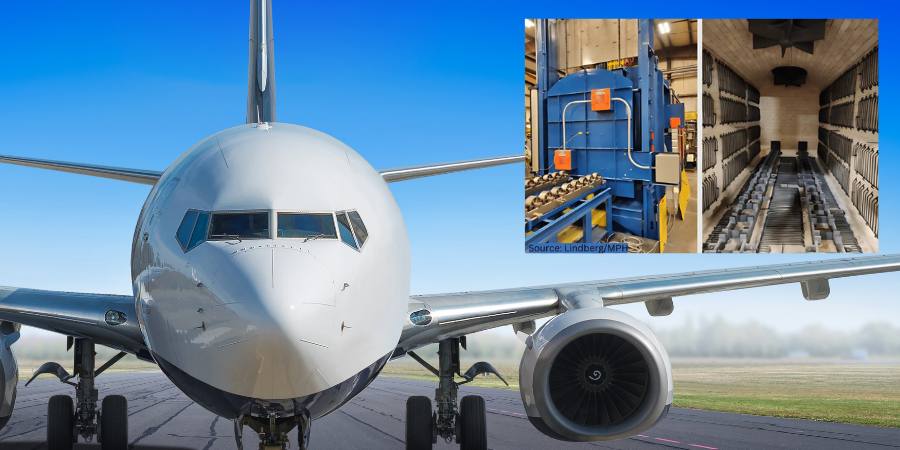 image of a white airplane on a runway, sunny skies in the bg; inset of split image, blue furnace on left, furnace interior on right