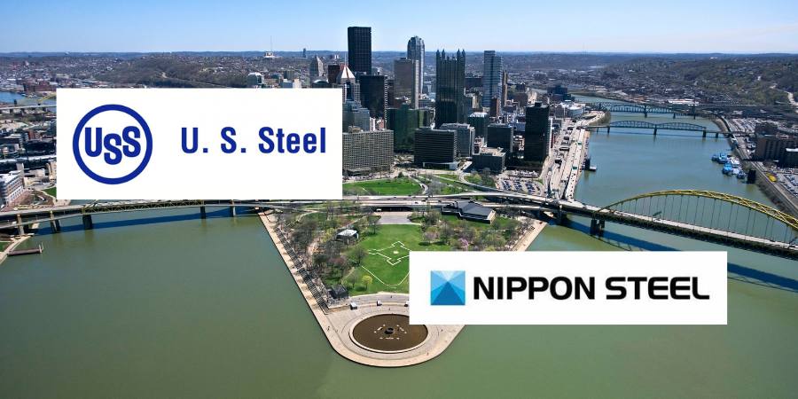 overhead view of Pittsburgh point with US Steel and Nippon Steel logos
