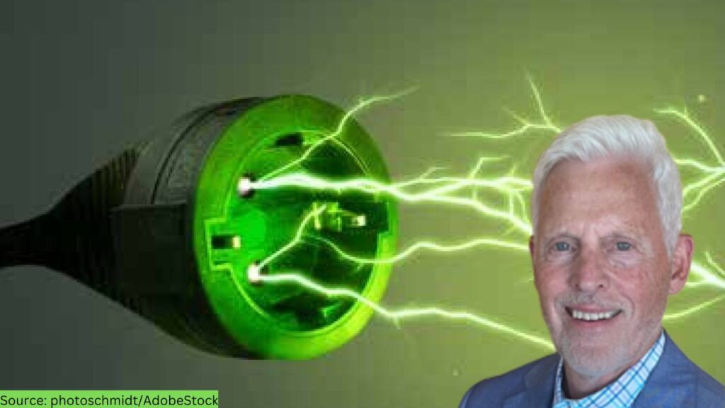 Green-toned electric socket photo bg w/professional headshot in fg